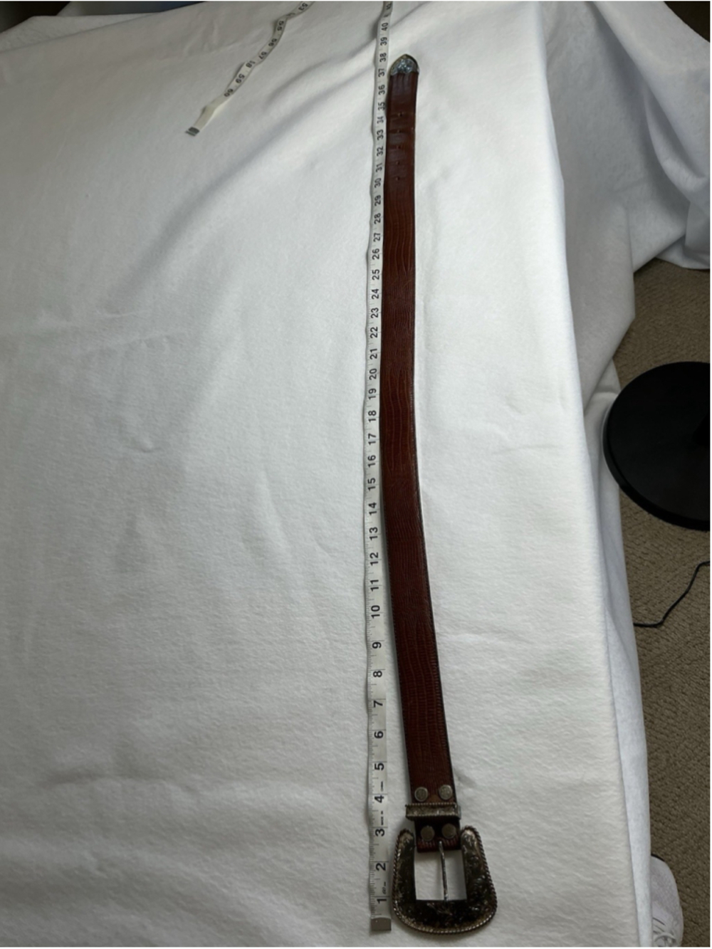 Vintage Al Beres USA Lizard Leather Belt Sz 30 Brown Western 3 Piece Tip Buckle - Picture 14 of 15